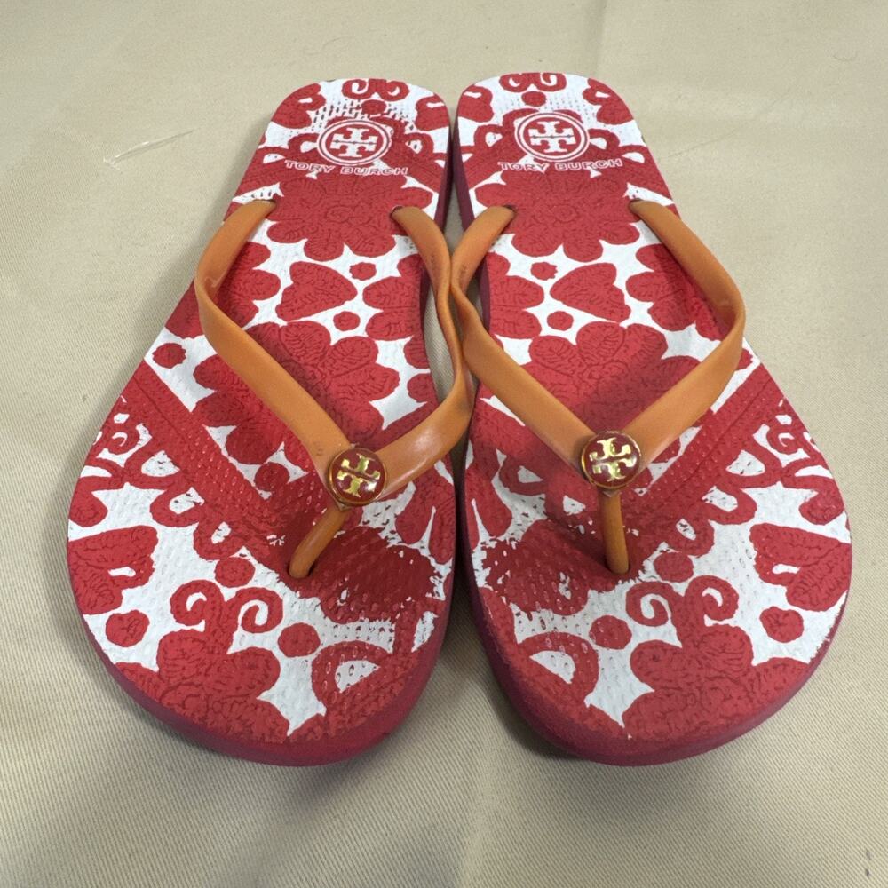 Tory Burch Womens Size 10 Flip Flops Red White Floral Orange Logo Sandals